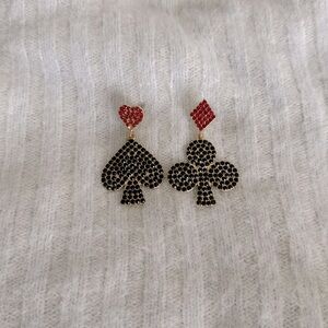 Deck of cards earrings, black rhinestones club and spade w red heart and diamond